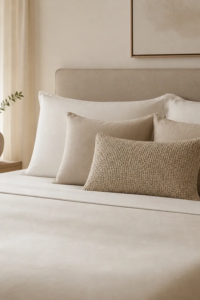 A bed styled in shades of oatmeal and warm white; three pillows in matching tones, plus one accent pillow in a woven texture; the bedspread is smooth and flat.