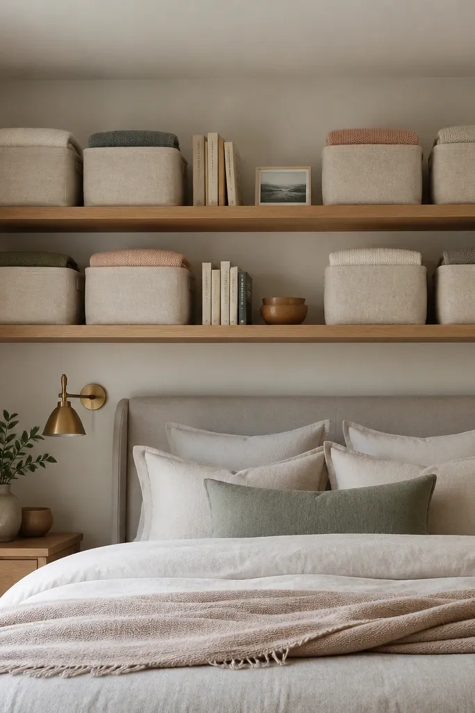 Wall-mounted open shelves above the bed holding neatly folded blankets in closed fabric baskets; only a few books and a small frame sit on the open spots.