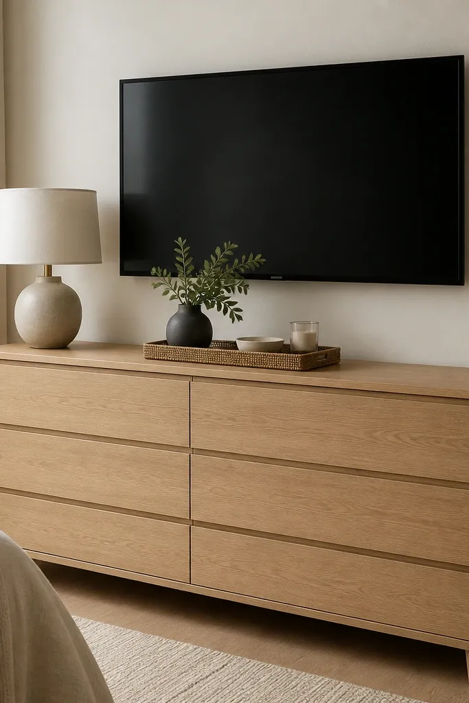 A slim dresser in light wood with a wall-hung flat screen above; decor sits on the dresser top in a small tray with a lamp at one end.