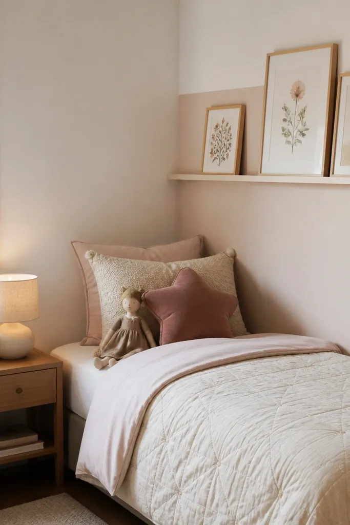 A small kids bedroom with the bed pushed into a corner. A narrow floating book ledge runs along the wall above the bed's side, with a few framed art prints and a small table lamp on a slim nightstand. The wall is painted a pale warm white with a soft blush accent behind the ledge.