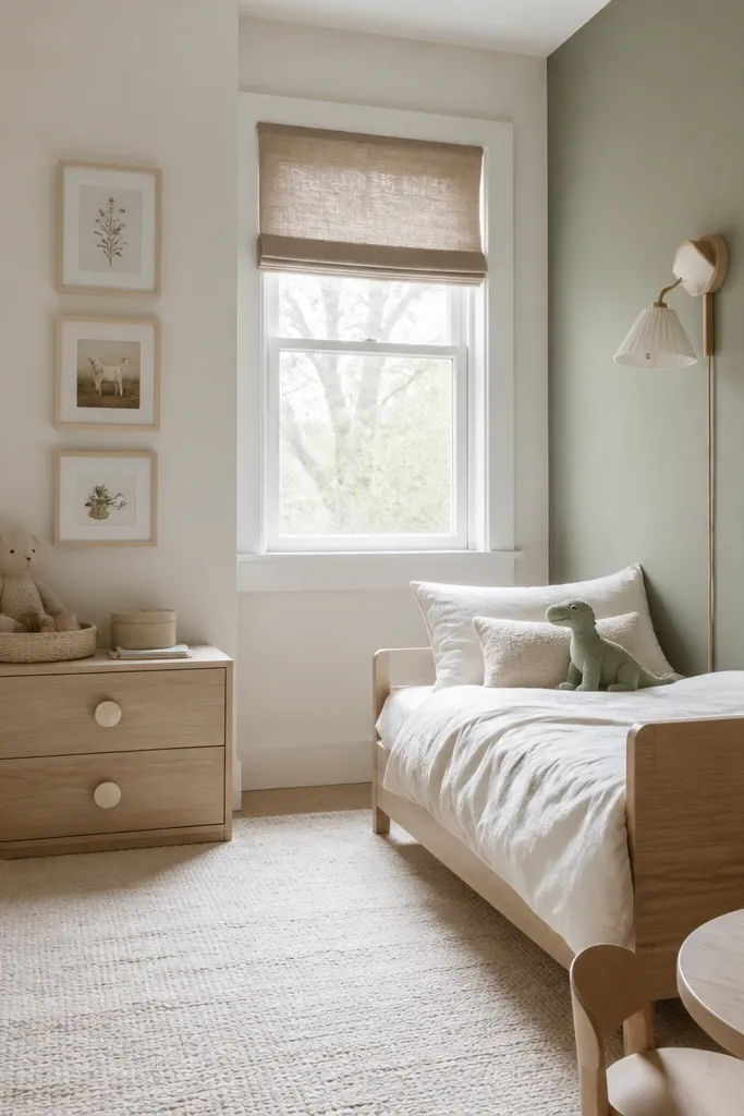 A tiny kids room with one wall painted a soft sage green. A low dresser sits against the opposite wall with two drawers labeled and a small tray on top. Above the dresser is a simple gallery of three small frames, all in white and wood tones.