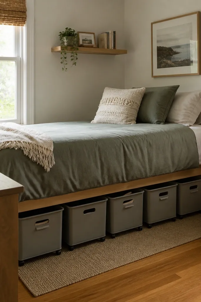 A small bedroom where the bed has open space underneath. Several rolling bins fit under the bed, each with a label on the side. The front edges are aligned, and a thin rug shows under the bed area.