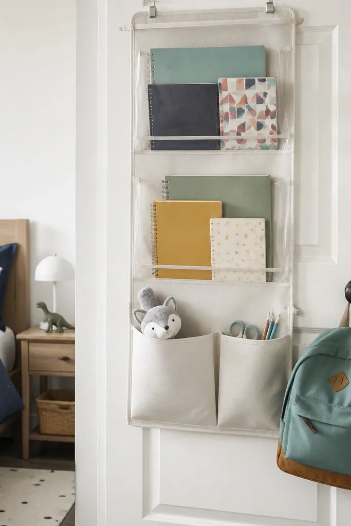 A kids bedroom door with a hanging organizer. Clear pockets hold notebooks and folders, and two fabric pockets hold small items. A backpack hangs from a hook on the door handle side.