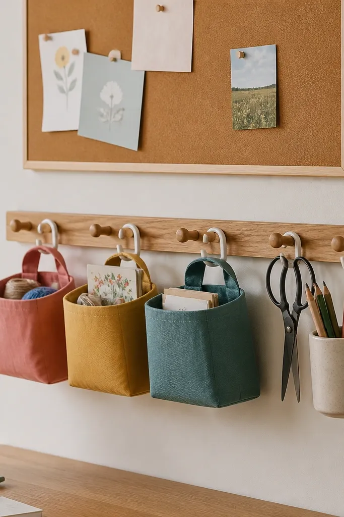 A narrow peg rail system mounted on a small wall. Colorful fabric bins hang from hooks, and a few hooks hold scissors and a pencil cup. A cork board panel sits above for paper notes.