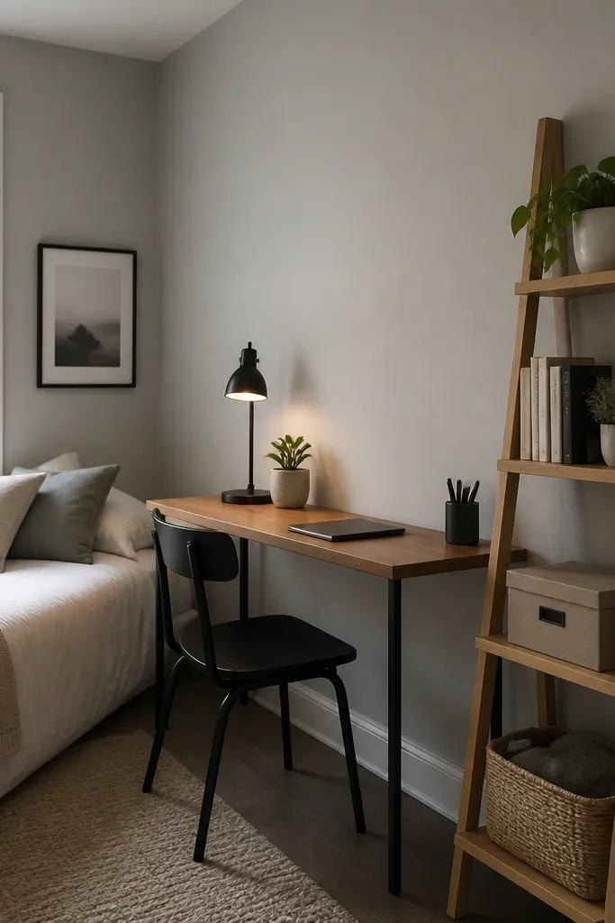 A tiny bedroom with a slim desk along one wall. Beside it is a small wooden ladder shelf leaning against the wall, with three shelves holding books, a small plant, and storage boxes. The wall is painted light gray.