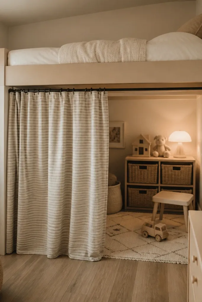 A small room with a low loft bed. A curtain rod runs under the loft edge, and a soft striped curtain hangs to create a private nook. A small rug sits in the play zone under the loft.