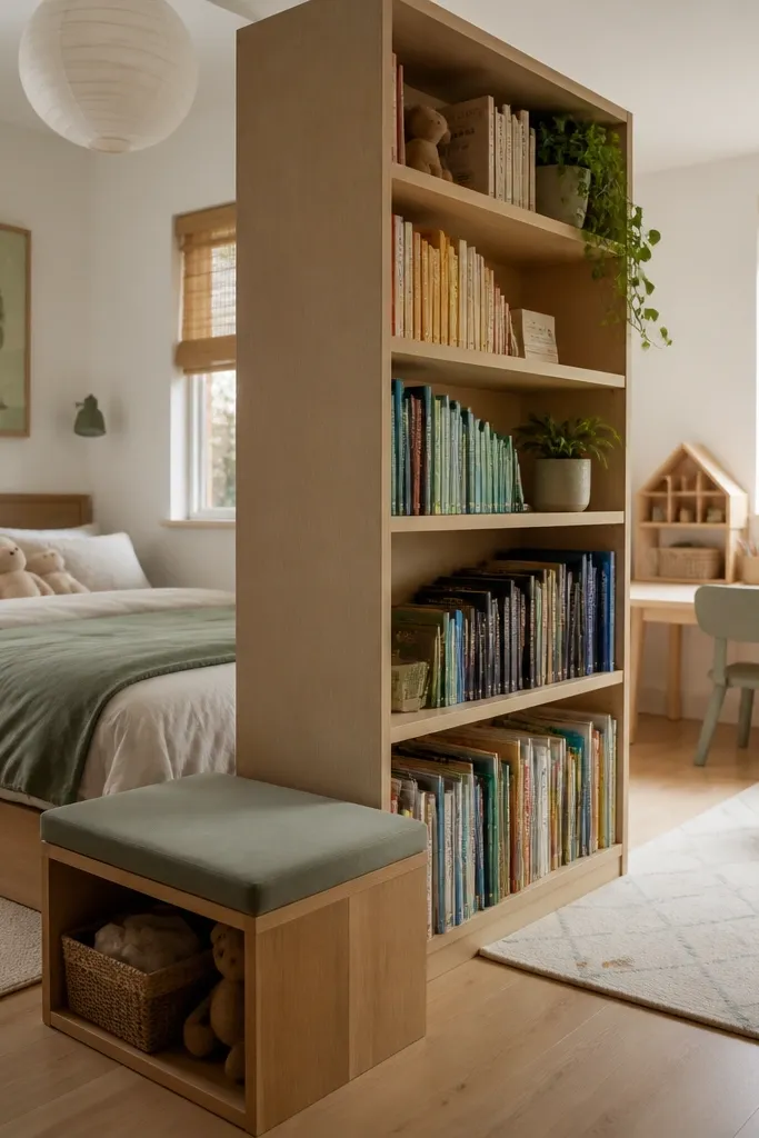 A narrow bookshelf placed perpendicular to the bed, creating a divider between sleeping area and a small play or study corner. Books are arranged by height, and a small bench sits near the divider.