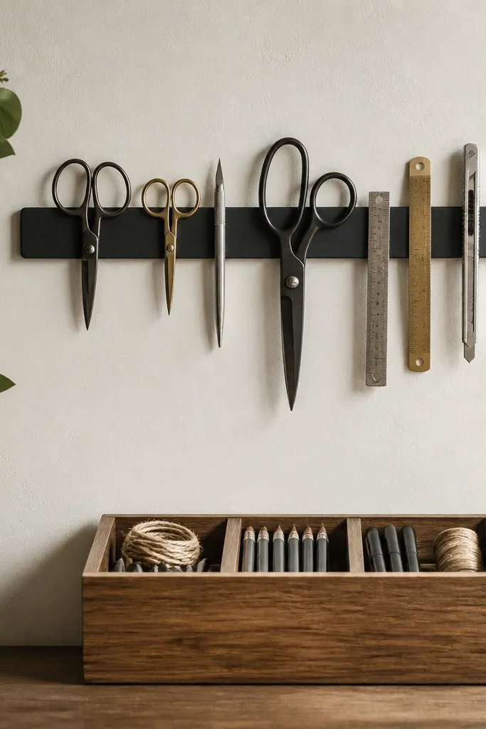 A magnetic strip mounted on a wall with metal tools like scissors and small rulers hanging neatly. A small labeled organizer box sits below the strip.