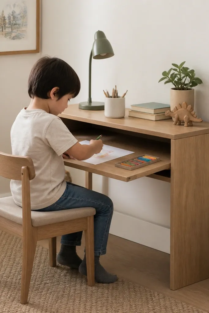 A small desk with a pull-out shelf under the desktop. A kid sits at the desk using the pull-out space for paper and crayons. The room has light walls and a small peg hook nearby.