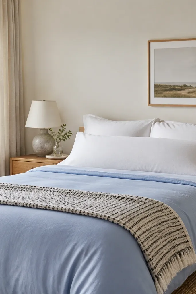 A small bedroom with a bed made in a simple color block style. The duvet is a solid light blue, pillows are white, and a single patterned throw is folded at the foot. The wall behind the bed is warm white.