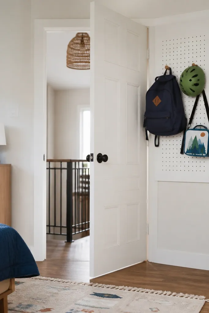 A kids bedroom with a small pegboard mounted behind the door. Hooks hold a backpack, a helmet, and a small bag. The pegboard is painted white and blends with the trim.
