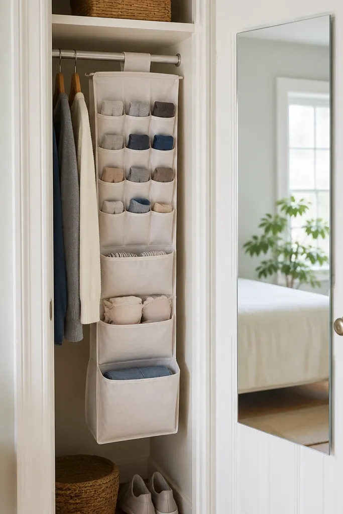 A narrow wardrobe or closet with a fabric hanging organizer inside. The organizer has multiple pockets for socks, underwear, and small clothes. A mirror is mounted on the closet door.