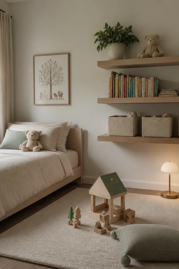 A small bedroom with a defined play zone on a low-pile rug. Wall shelves hold books and labeled bins, while the floor stays clear except for the rug. A small floor lamp sits near the shelves.
