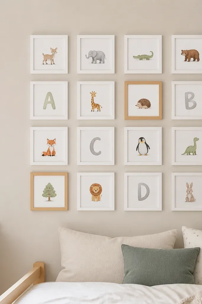 A small kids room wall with a gallery of small 1-inch frames arranged in a tidy grid. The frames are mostly white with one or two natural wood accents. Simple prints show animals and letters.