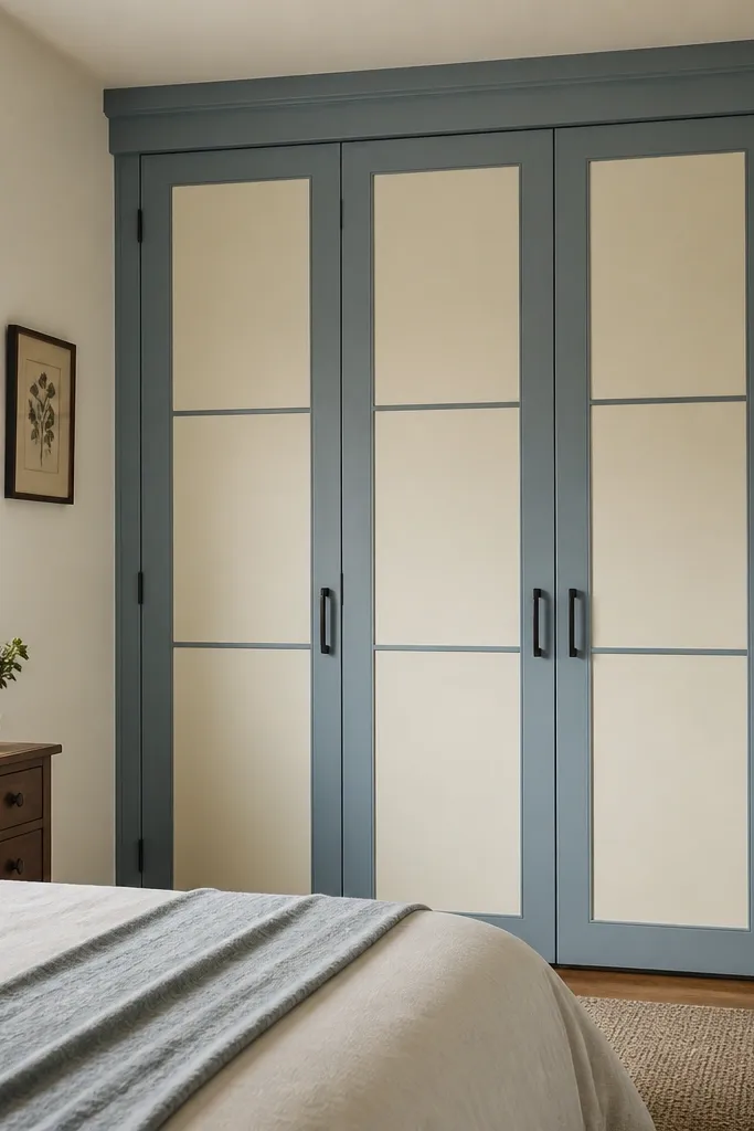 A small bedroom with closet doors painted two-tone: the panels are a soft cream and the trim is a muted blue. A simple handle in black hardware stands out. The doors look custom and crisp.