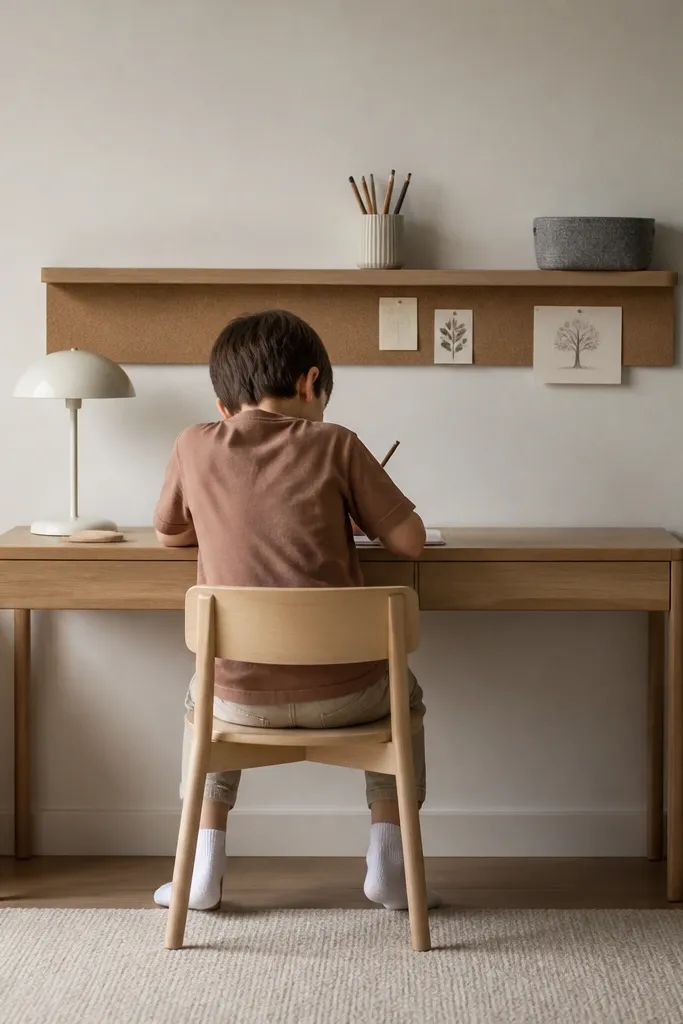 A slim desk against a wall with a wall shelf directly behind it at the kid's head height. The shelf holds a pencil cup and a small bin, and a cork strip below it holds notes. The chair is low and simple.