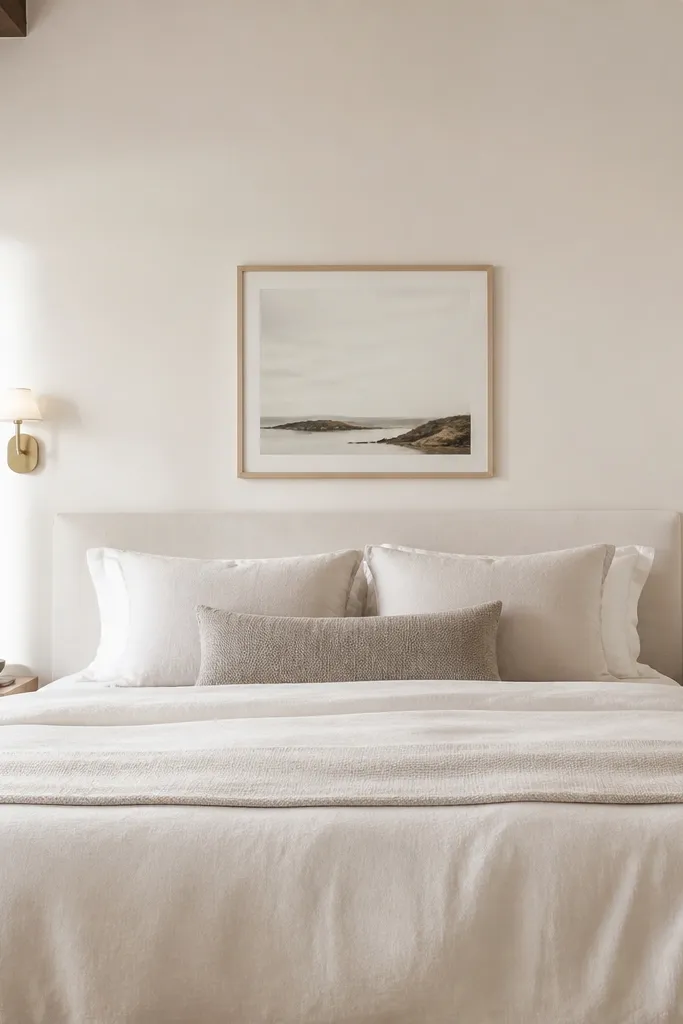 Two small wall sconces on either side of a bed, each with a simple plug-in or battery-style light. The bed has a light duvet and minimal decor. The wall color is warm white.