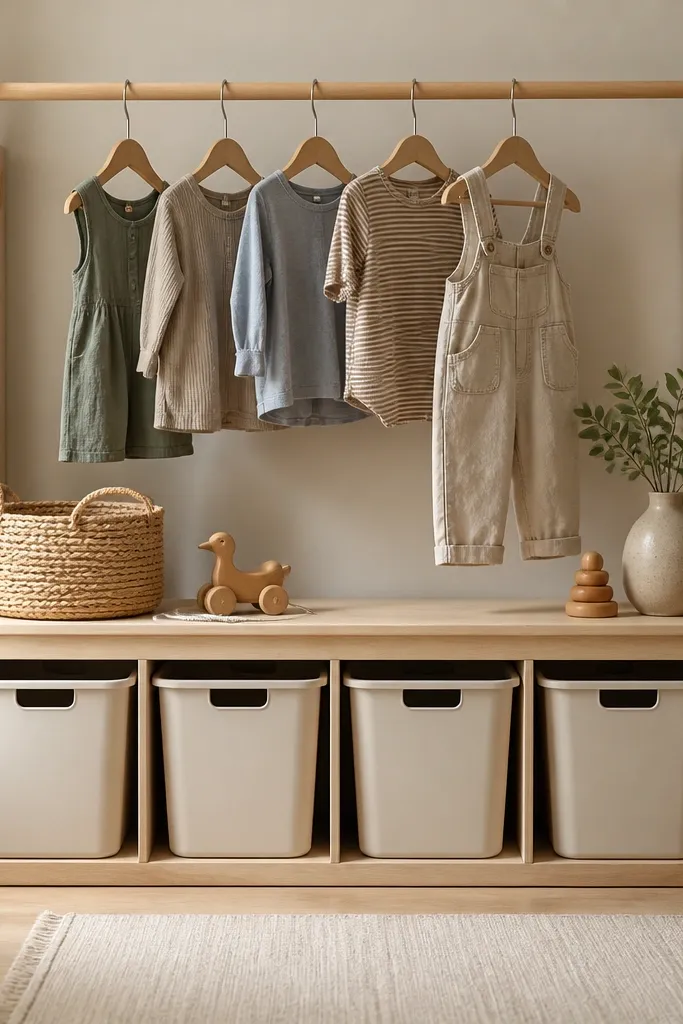 A low toy cabinet with a clothing rail above it. Lightweight hangers hold a few outfits, and the cabinet has labeled bins. The wall is painted a soft neutral color.
