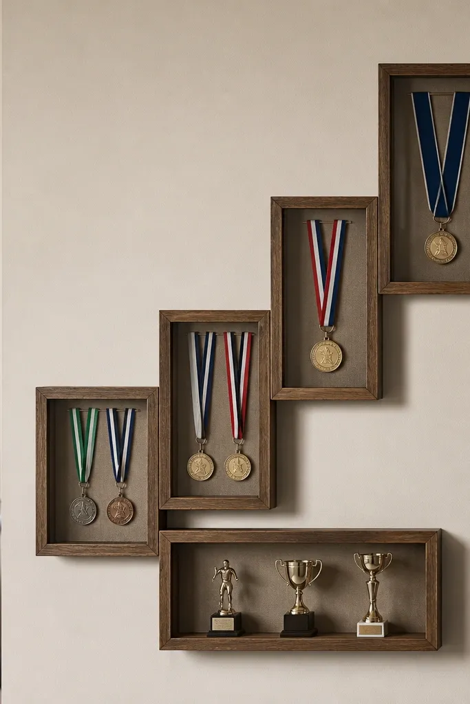A wall with a set of small shadow boxes arranged in a stair-step layout. Medals hang behind clear acrylic, and a few trophies sit on the bottom box shelf. The wall is painted a light neutral.