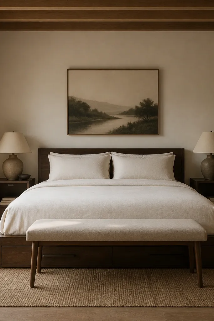 A low, dark wood platform bed sits centered against the far wall. Under the bed are closed drawers with slim black pulls. The duvet is one solid warm white with a subtle woven texture, and there are two matching pillow shams without patterns. A narrow bench at the foot is upholstered in light beige fabric.