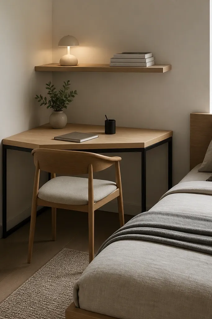 A compact corner desk sits beside the bed, shaped to fit the corner. The desk surface is light oak with a black metal frame. Above it is a floating shelf holding a small lamp and one book stack. The bed is a low frame with a light gray throw folded at the side.