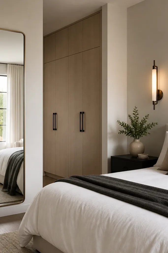 A tall, narrow mirror with a soft bronze frame is mounted on a wall near the closet. The mirror reflects a bright window area, making the room look wider. The bed has a white duvet and a charcoal throw folded neatly. There's a slim wall sconce with a warm bulb on the opposite wall.