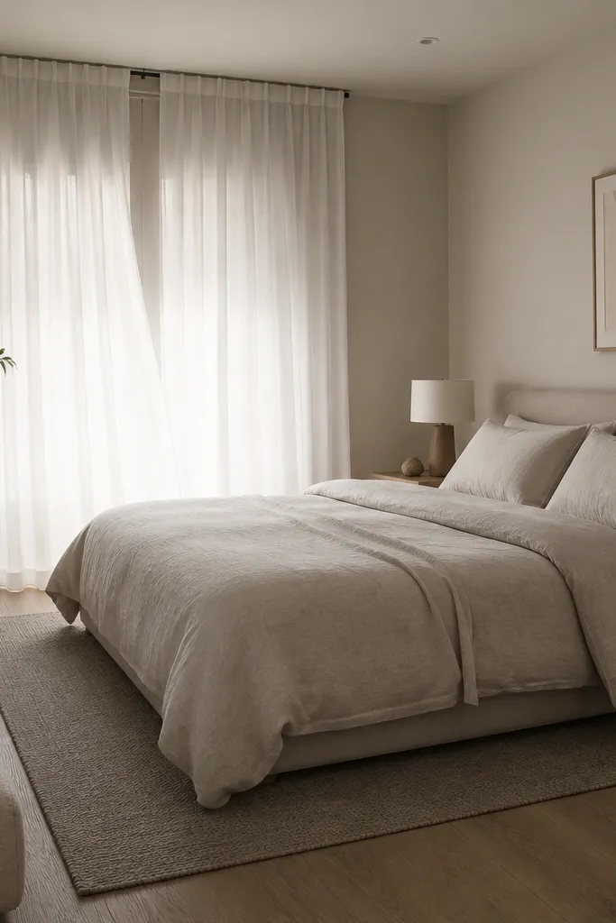 The window has two layers: sheer white panels hang in front of slim blackout shades. The sheer fabric moves slightly, and the blackout is closed behind it. The bed is covered in oatmeal linen and a low-profile headboard. A small rug in warm gray sits under the bed.