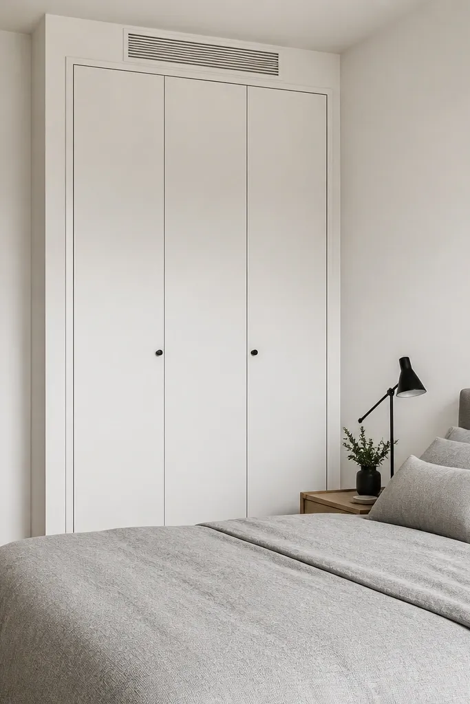 A tall wardrobe stands on the wall next to the bed, with doors in a matte white finish that matches the wall. The trim around it is the same white paint. A narrow gap above is left for air and a vent cover. The bedding is in light gray with a black metal lamp.
