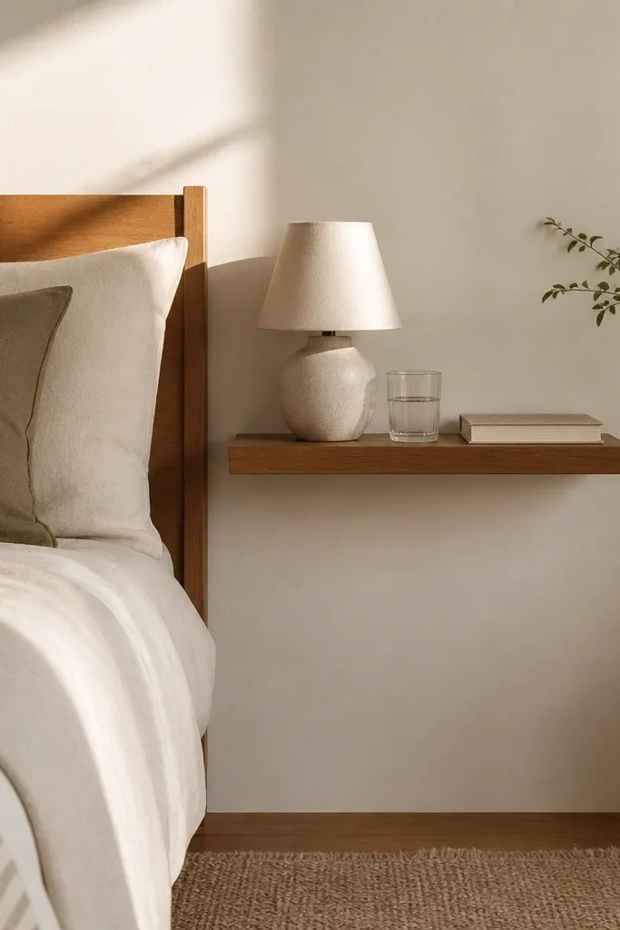 A narrow bed sits with no traditional nightstand. Instead, a floating shelf runs above the side of the bed, about 28 inches long. On it are a small ceramic lamp, a glass of water, and a thin book stack. The wall behind is painted a soft off-white.
