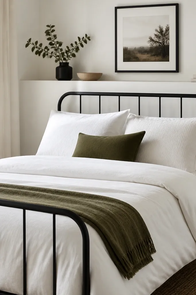 A black metal bed frame with thin rails sits against a white wall. The duvet is bright white, and the pillows are white with subtle texture. One olive green accent pillow and a folded olive throw appear at the foot. A small black-framed print hangs above a narrow ledge.