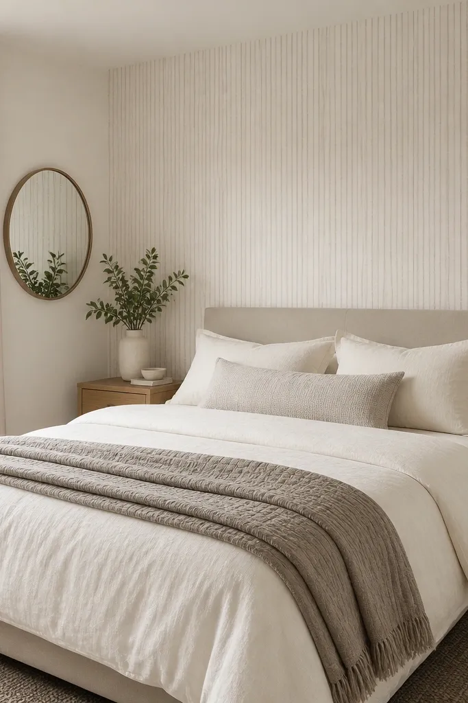 A single accent wall behind the bed has a subtle textured wallpaper stripe, light taupe on a warm white background. The bed has a low headboard in light beige fabric. A small round mirror hangs on the side wall. The bedding is in cream with a taupe throw.