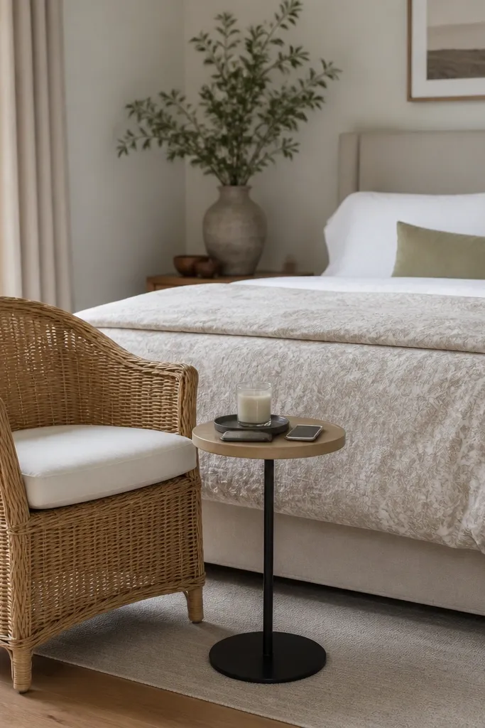 A small rattan accent chair sits near the foot of the bed. Next to it is a slim round side table with a light wood top and a thin black base. A small tray holds a candle and a phone. The bed is made with white sheets and a light patterned duvet.