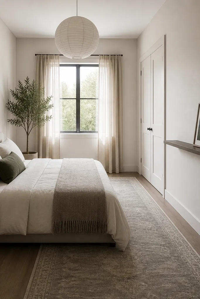 The bed is pushed close to the left wall with a low headboard. On the floor, a wide runner rug runs from the foot area toward the closet door. The rug is light gray with a subtle pattern. A long, slim wall shelf on the right wall holds a framed photo and a small plant.