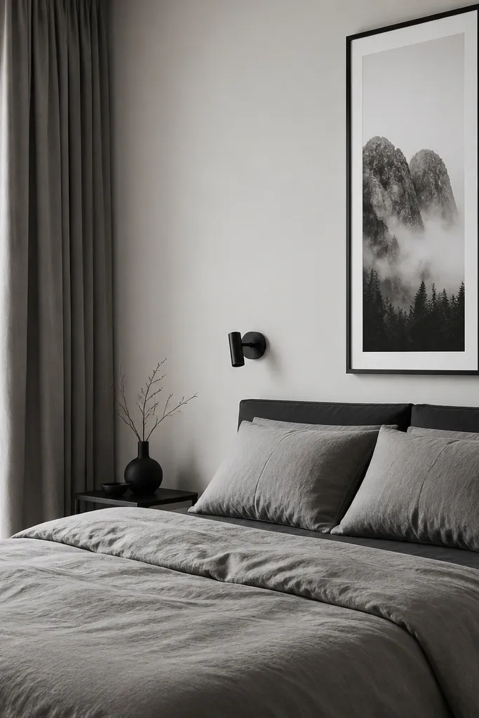 The bed has a monochrome palette: charcoal sheets, a light gray duvet, and a matching pillow set. Above the bed is one long vertical framed print in black and white. The side wall has no extra decor. A simple black wall sconce sits beside the frame.