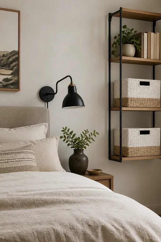 A narrow open shelving unit sits on the wall beside the bed. The top tier shows neatly arranged books and one small plant. The bottom two tiers have closed woven baskets in white and natural tones. The bed has a beige duvet and black metal lamp.