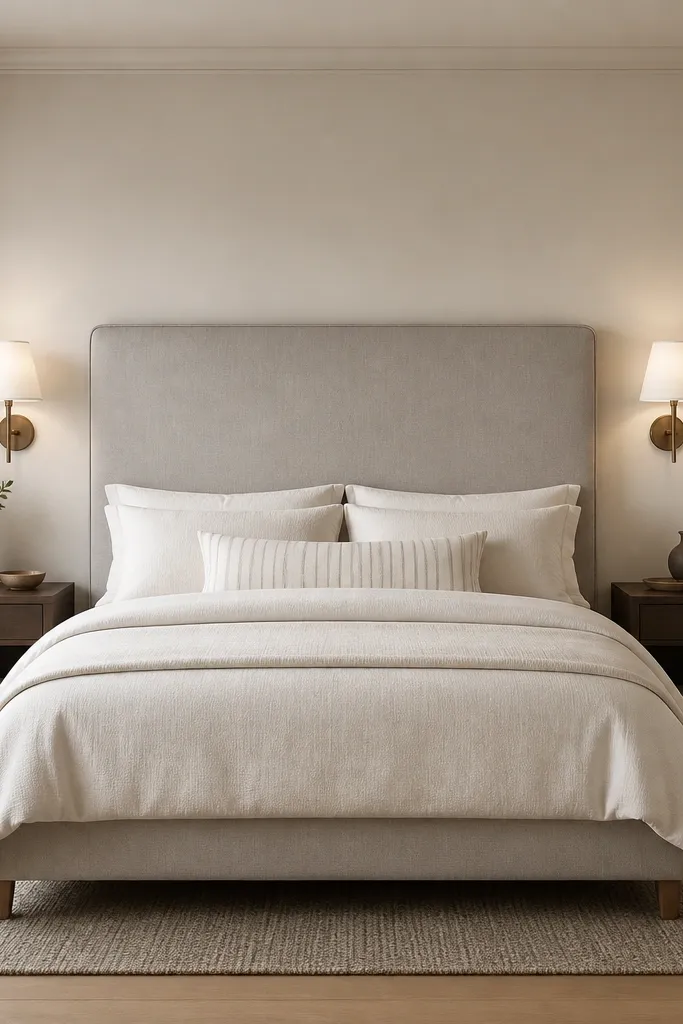 The bed has a wide upholstered headboard in light gray. Two wall-mounted sconces flank it at equal height. The sconces have white shades and warm bulbs. The bedding is cream with a subtle stripe pillow. There's a narrow rug under the bed front.