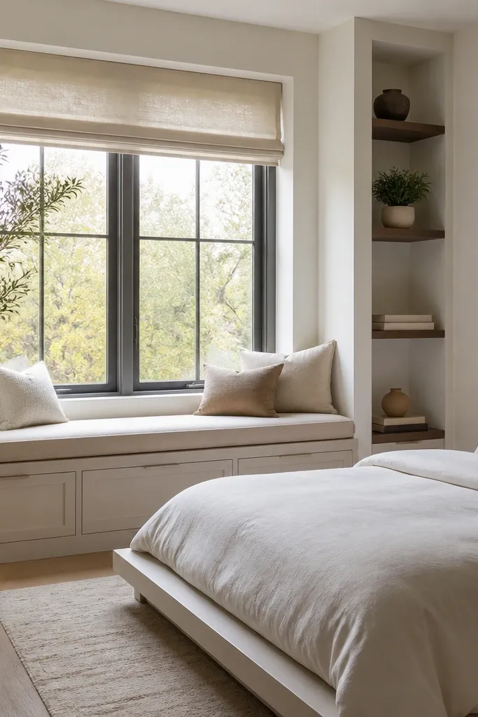 Under the window is a built-looking window seat with storage underneath. The cushion is upholstered in light oatmeal fabric. On the side is a slim panel shelf with a small plant. The bed is a low platform with white bedding.