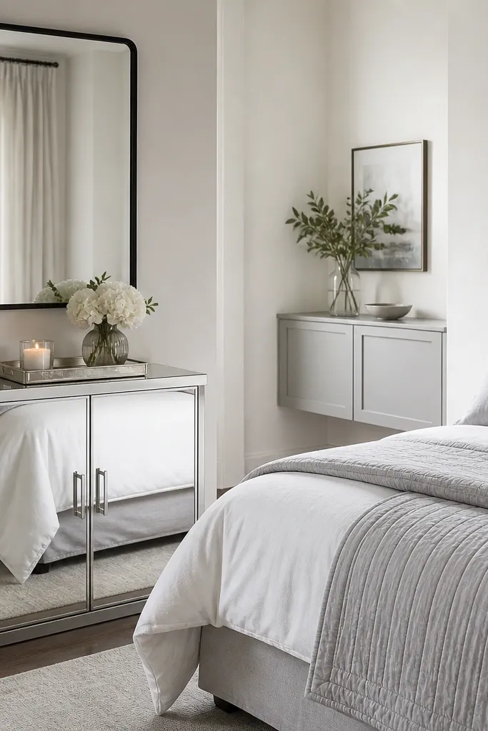 A small dresser has mirrored doors on the front and slim silver handles. On top there's only a tray with a candle and a small vase. The bed is dressed in white and pale gray. A black-framed mirror hangs above a small wall cabinet.