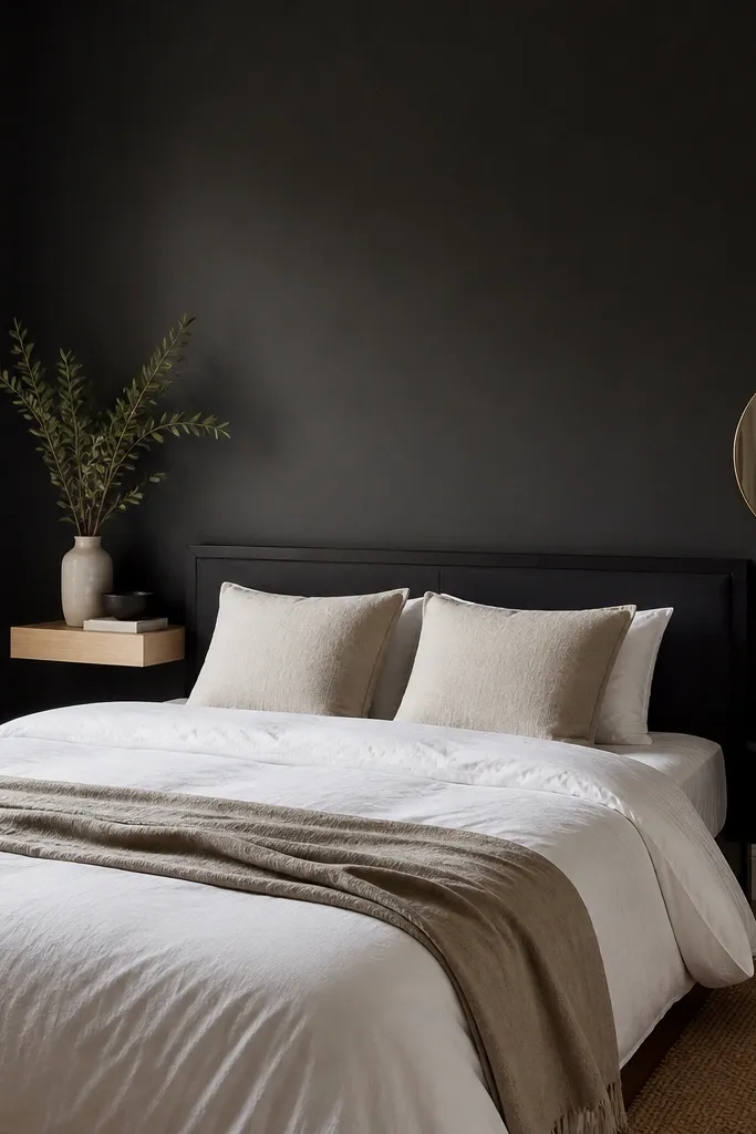 The wall behind the bed is painted deep charcoal. The bed has a white duvet and light beige pillows. A simple black headboard sits against the accent wall. There's a light wood night shelf on one side and a small round mirror on the other.
