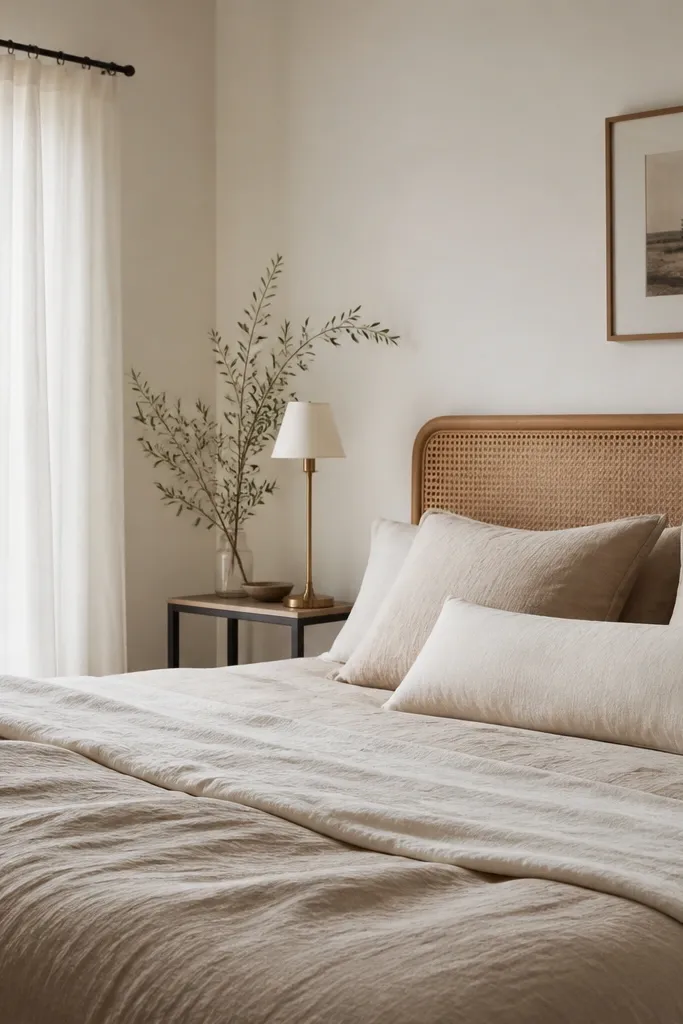 A bed with a slim cane headboard sits against a light wall. The bedding is linen in sand and cream tones. A warm brass lamp with a small white shade is placed on a narrow table. The curtains are sheer white with a simple rod.