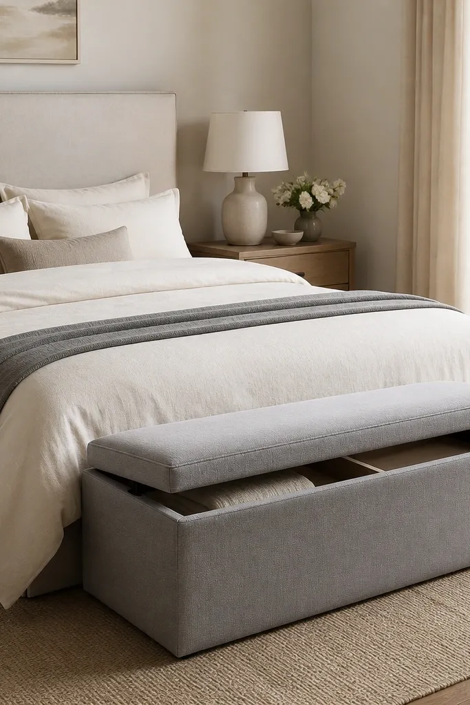 At the foot of the bed is a storage bench in muted gray fabric. The top cushion is a slightly lighter shade, and the base has clean seams. Inside the bench are hidden compartments with a light interior. The bed has a cream duvet and a single gray throw.