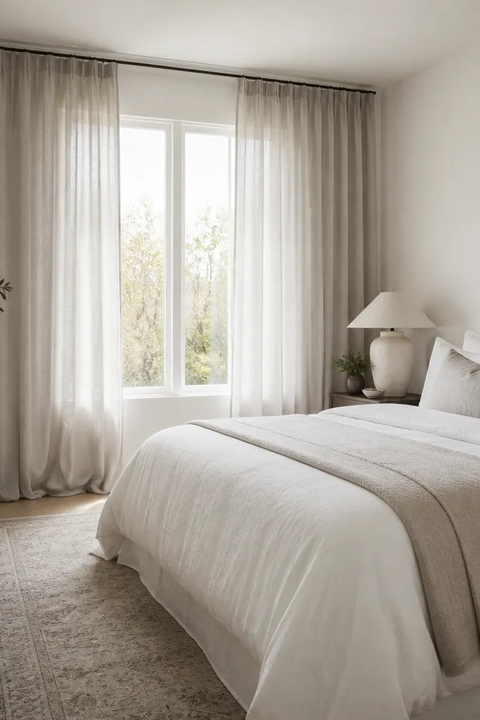 A floor-length linen curtain hangs from a rod mounted close to the ceiling, with one continuous panel on each side of the window. The curtains are a light warm gray. The bed is dressed in white and pale stone. A simple black framed print hangs above the bed.