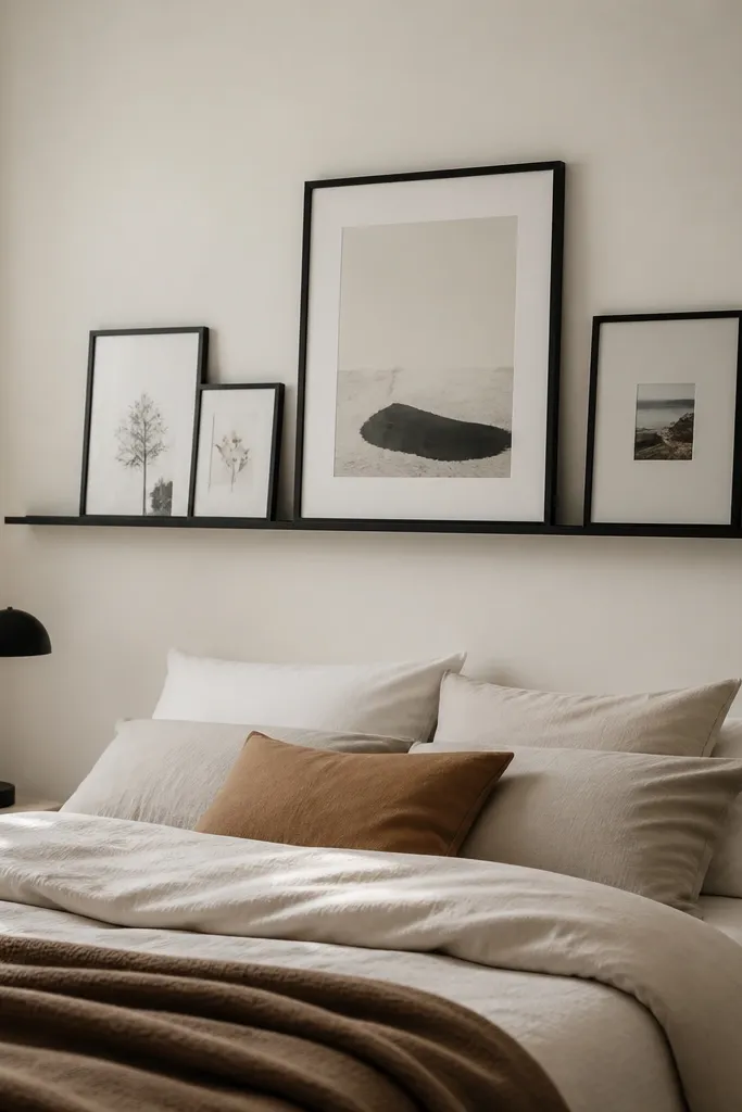 Above the bed, a slim floating gallery rail holds several framed prints leaning slightly. The frames are black and thin, with one larger print centered. The wall is warm white. The bed has a light duvet and a simple black bedside lamp.