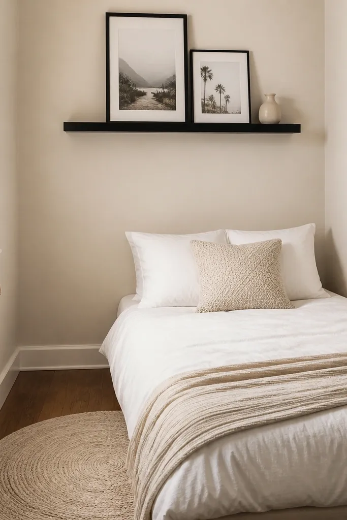 A very small teen bedroom with a low bed dressed in crisp white bedding. Above the bed, a matte black floating shelf holds two framed prints and a small ceramic vase. The walls are warm light-cream, and a small round rug sits beside the bed with a subtle texture.