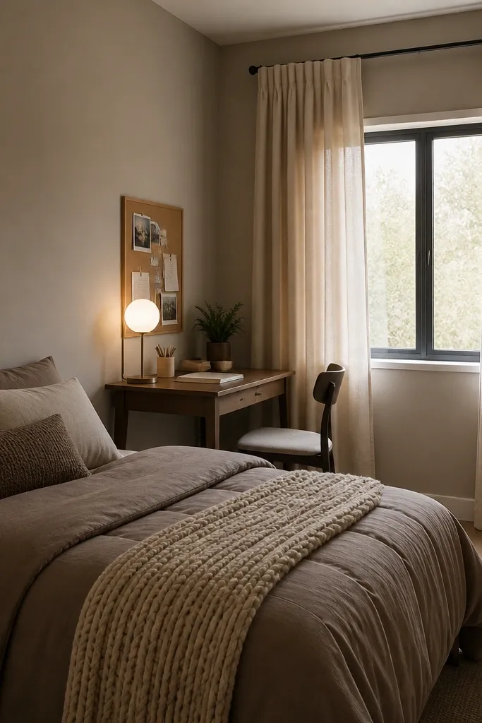 A tiny teen room with taupe walls and floor-length oat curtains. The bed has a warm taupe duvet and a chunky knit throw folded at the foot. A small desk sits near the window with a simple lamp and a corkboard.