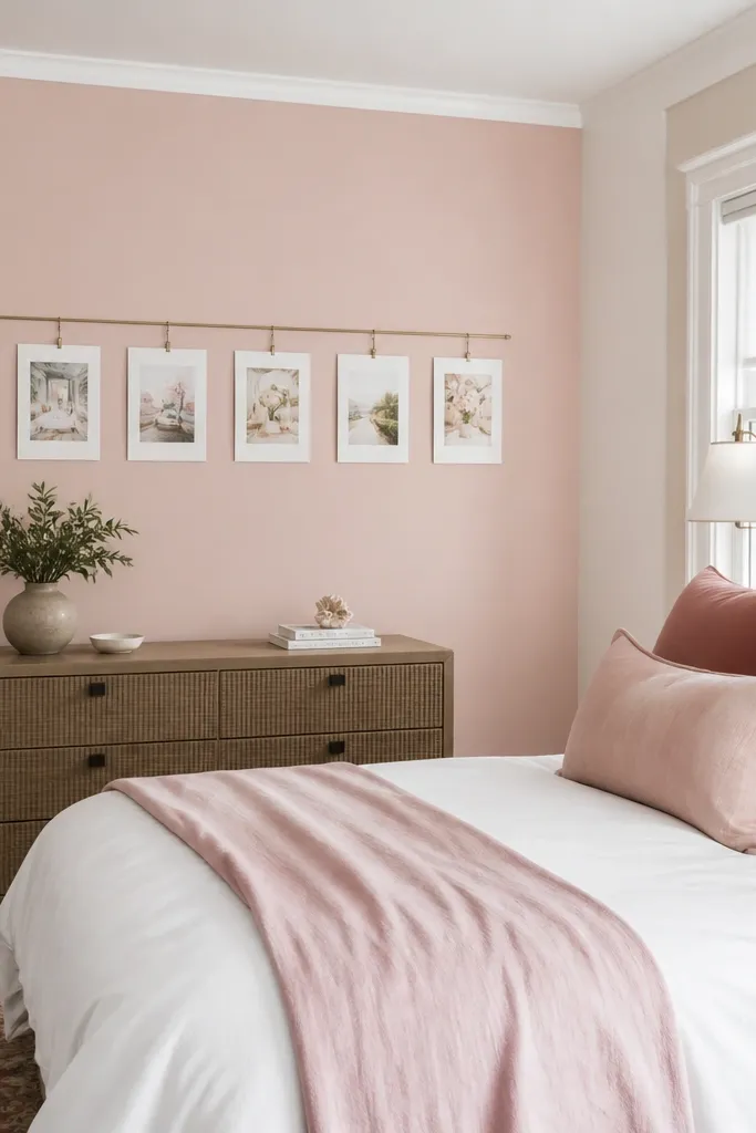 One wall painted a soft blush pink with white trim. A slim metal gallery rail holds six small prints. The bed has white bedding with blush and dusty rose pillows, and a narrow dresser sits under the art.