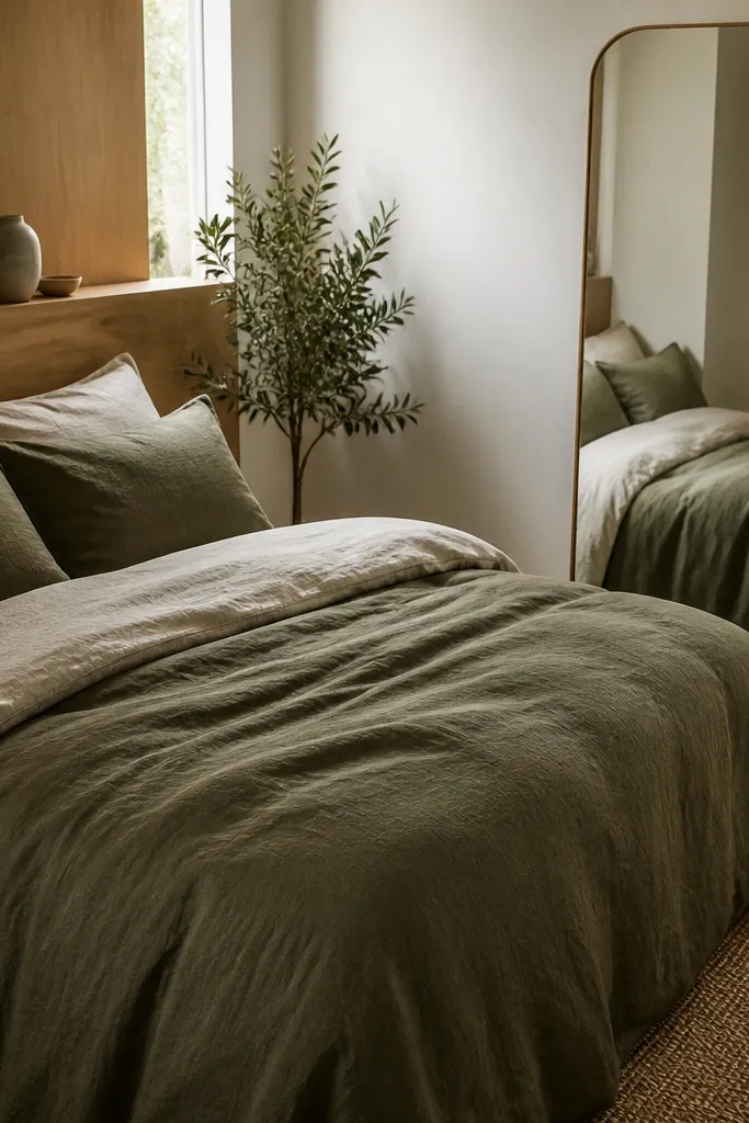 A compact bedroom with olive green duvet and linen-look sheets. There's a light wood headboard or panel behind the bed, a small rattan basket near the corner, and a floor mirror with a thin frame.