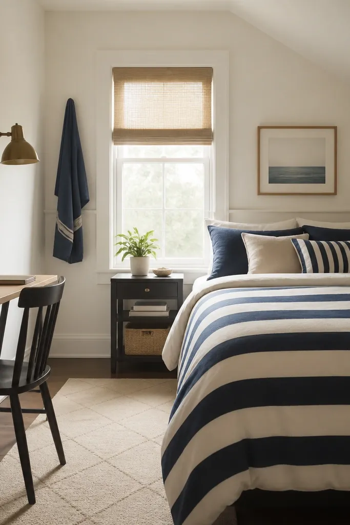 A small teen bedroom with a navy and cream striped duvet. A brass desk lamp sits on a narrow desk. The walls are soft white, and the rug is a simple cream with a subtle pattern.
