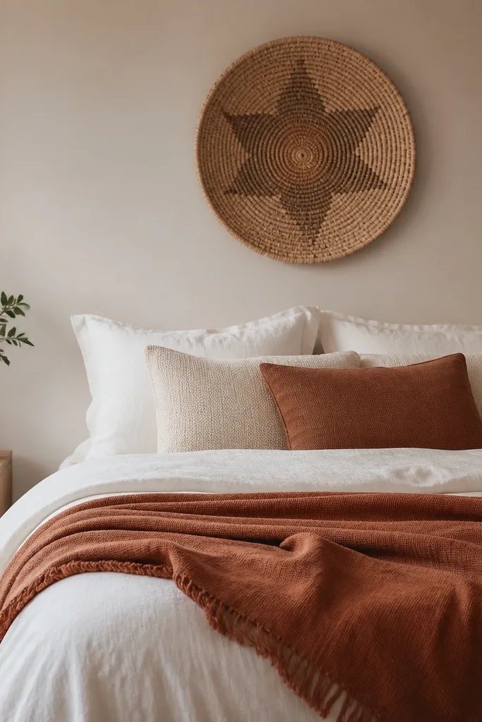 A teen bed styled with white sheets and a terracotta throw blanket. Above the bed, a woven wall basket hangs centered. A small terracotta vase sits on a bedside shelf.
