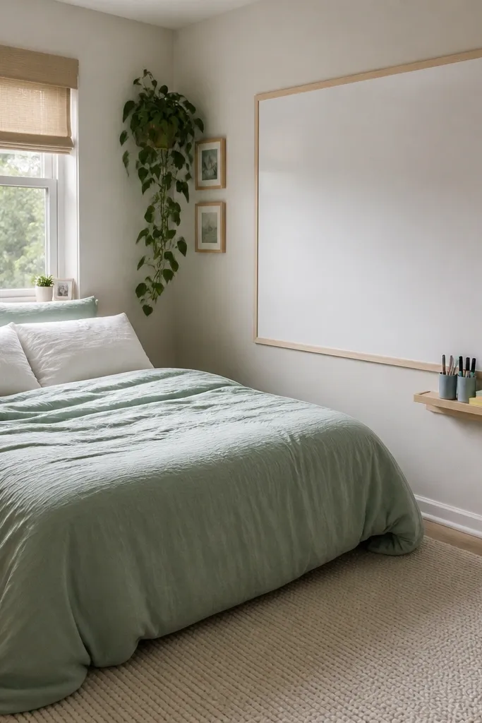 A tiny bedroom with mint green duvet and white pillows. One wall has a large whiteboard painted area or framed whiteboard, and a small floating shelf holds markers and sticky notes. A plain light rug covers the floor.